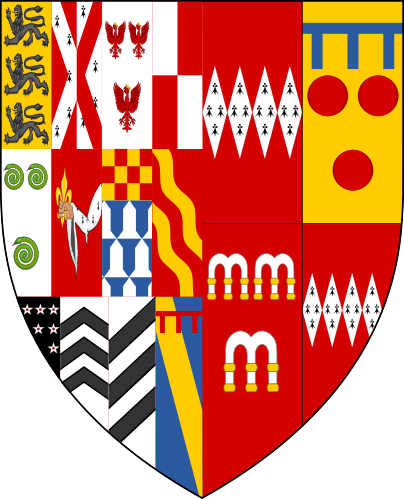 File:Escutcheon of Carew twelve quarters impaling Dynham Courtenay Arches.png